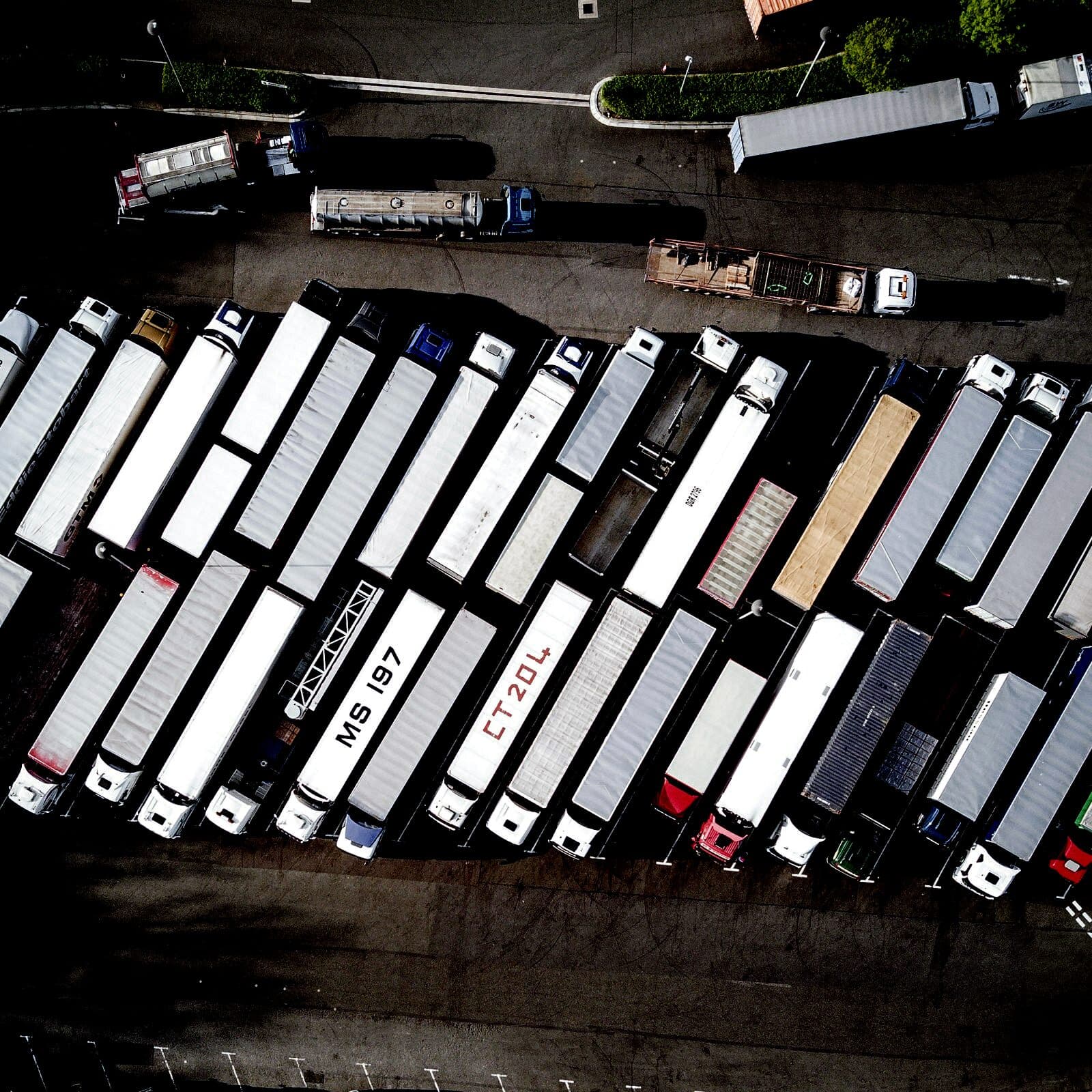 Aerial view of a freight yard full of trailers